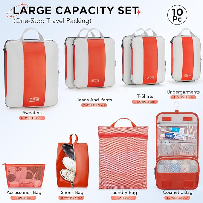 OlarHike 10 Set Compression Packing Cubes for Travel Essentials,Compressible Expandable Packing Cubes for Suitcase,Luggage Garment Bags with Over 99 pcs of Mesh Holes(Orange)