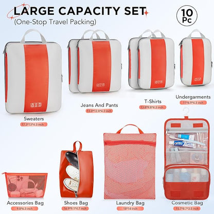 OlarHike 10 Set Compression Packing Cubes for Travel Essentials,Compressible Expandable Packing Cubes for Suitcase,Luggage Garment Bags with Over 99 pcs of Mesh Holes(Orange)