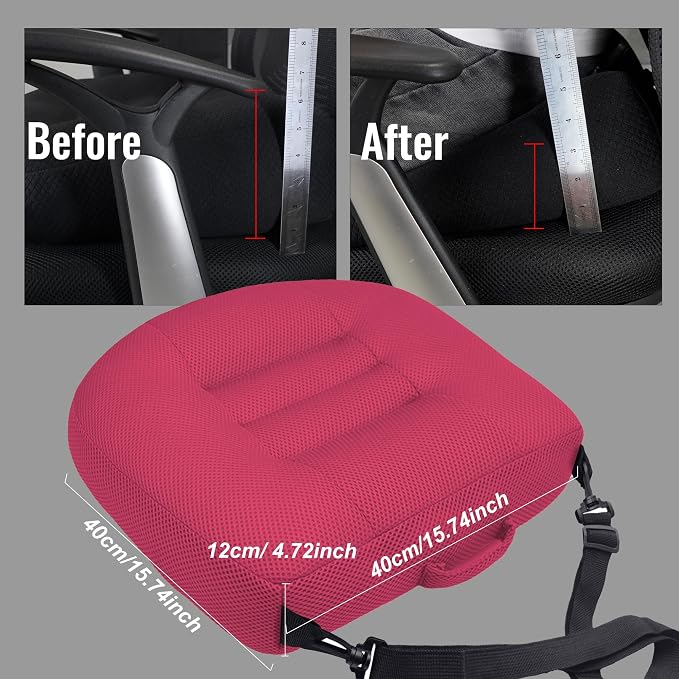 Universal Booster Seat Cushion with Adjustable Height, Breathable Mesh Portable Design with Straps, Improve Vision Improve Sitting Posture Stress Relief Driving Office Family Outdoor - Pink