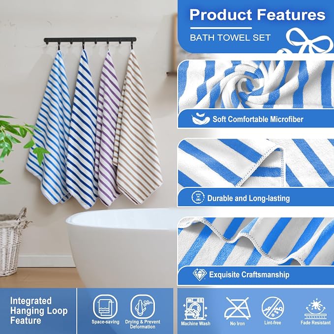JML Microfiber Beach Towels, Large Bath Towel Set for Adult, 6 Pack, 27" x 55" - Cabana Stripe - Absorbent, Quick Dry for Pool, Bathroom, Sport, Yoga, Camping, Swimming, Dorm, Summer Party, Blue
