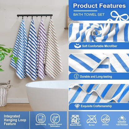 JML Microfiber Beach Towels, Large Bath Towel Set for Adult, 6 Pack, 27" x 55" - Cabana Stripe - Absorbent, Quick Dry for Pool, Bathroom, Sport, Yoga, Camping, Swimming, Dorm, Summer Party, Blue