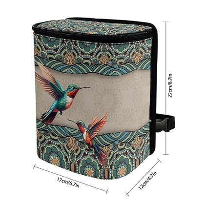 Talayituse Boho Mandala Hummingbird Print Car Trash Can, Portable Auto Garbage Bin Multifunctional Vehicle Interior Accessories with Adjustable Straps Universal Fit Truck SUV Sedan