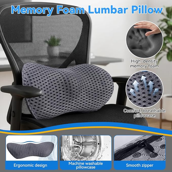 Lumbar Support Pillow, Memory Foam Lumbar Pillow for Office Chair and Car Seat, Back Pillow for Lower Back Pain Relief, Back Support Pillow for Sitting, Driving, Traveling (Light Gray)