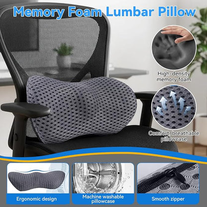 Lumbar Support Pillow, Memory Foam Lumbar Pillow for Office Chair and Car Seat, Back Pillow for Lower Back Pain Relief, Back Support Pillow for Sitting, Driving, Traveling (Light Gray)