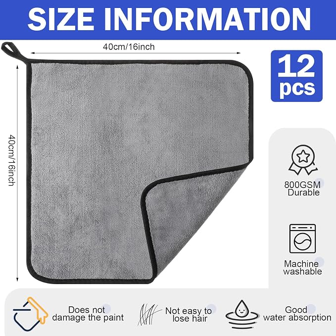 Tallew 12 Pcs Microfiber Towels for Cars, 800 GSM Plush Drying Cleaning Cloth Bulk, 16 x 16 Inch Thick Absorbent Wash Detailing Towels for Car Polishing, House, Kitchen Cleaning(Gray)