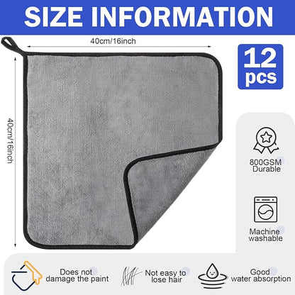 Tallew 12 Pcs Microfiber Towels for Cars, 800 GSM Plush Drying Cleaning Cloth Bulk, 16 x 16 Inch Thick Absorbent Wash Detailing Towels for Car Polishing, House, Kitchen Cleaning(Gray)