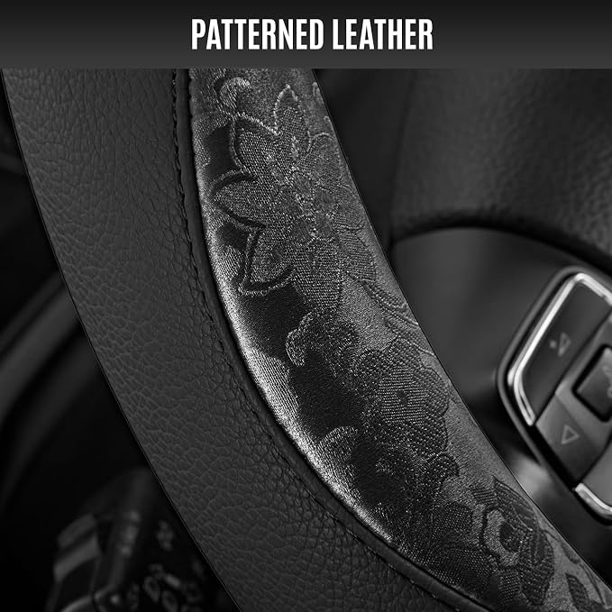 PIC AUTO Steering Wheel Cover, Black Patterned Leather Patchwork Design, Universal Fit 14.5"–15.5", Anti-Slip, Odor-Free, Soft PU Grain Leather, Durable Grip Car Accessory for Girls & Women