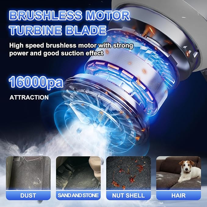 Cordless Handheld Vacuum, Portable Car Vacuum Detailing Kit, Compact Vac with Crevice Tool & Brushless Motor, Type-C Charge, 16000Pa Suction Power for Car, Office Desk, Keyboards, Home