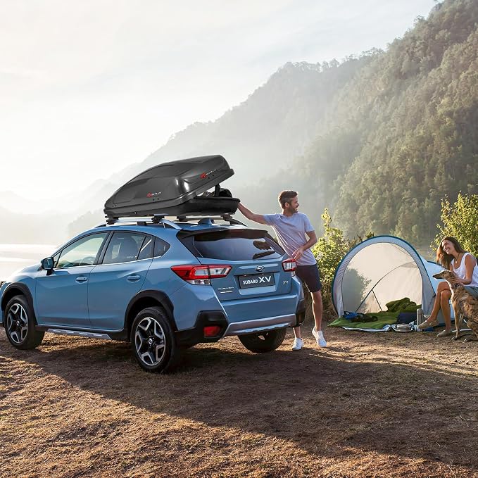 Goplus Rooftop Cargo Carrier Hard Shell, 14 Cubic Feet Waterproof Car Roof Cargo Carrier w/Dual Side Opening, Security Key, 165LBS Capacity, for 17” to 22.8” Wide Crossbar Rack, Vehicle Cargo Box