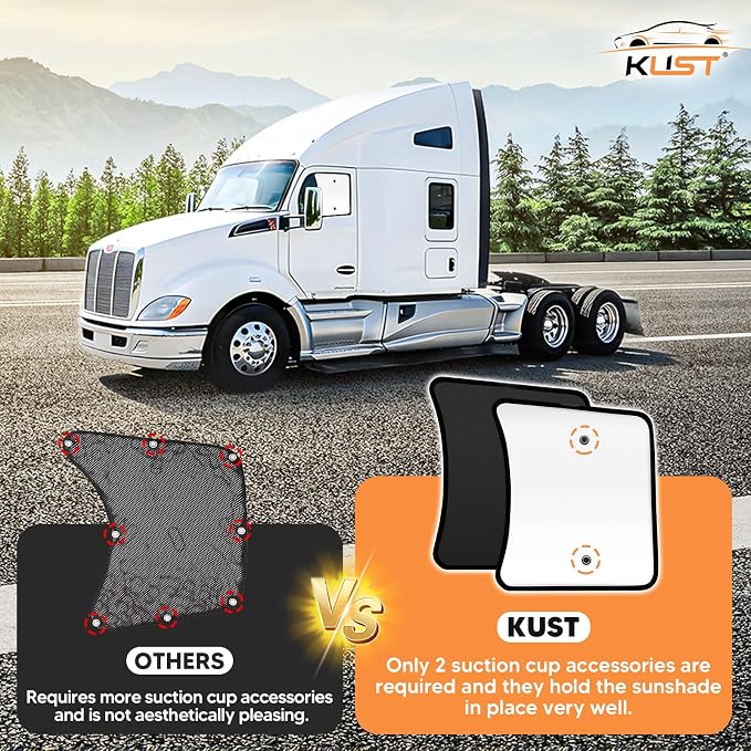 KUST 20''x16.9'' Side Window Sun Shade for Semi Truck, Kenworth T680 / T880 / W990 (All Years) Black&Silver Side Window Shade for T680 / T880 / W990, Sunshade with Suction Cup, Glare Sun UV Rays 2PCS