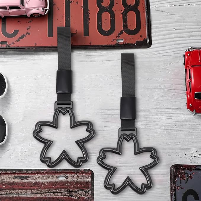 Healeved Cherry Blossom Car Handle Rings 2pcs Black Strap Interior Safety Pull Handles Japanese Automotive Accessories Decorative Warning Rings for Vehicle Safety