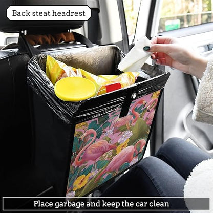 Car Trash Can Organizer Bin with Adjustable Strap for Back Front Seat Console Waterproof Leakproof Collapsible Portable 11 Inch Pink Romantic Tropical Flamingo and Plants