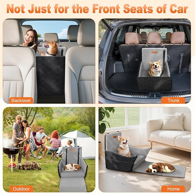 Elevated Dog Car Seat, Dog Booster Car Seats for Small & Medium Breeds Up to 35lbs, Fully Detachable and Washable, Soft Foam Pet Carseat with 2 Storage Pockets & 3 Safety Belts, Black & Gray