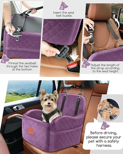 Lealchum Dog Booster Car Seat for Small/Medium Dogs,Puppy Portable Car Bed with Elevated Cushion,Fully Detachable and Washable,2 Storage Pockets,Easy to Install (Purple, Medium)