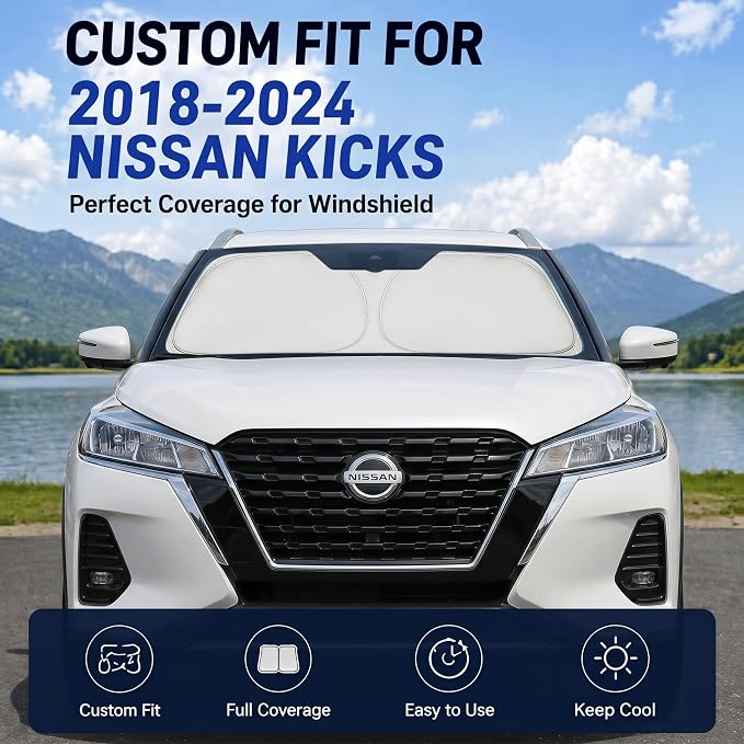 Custom Fit Windshield Sun Shade for Nissan Kicks 2018-2024 | Custom Fit Windshield Cover, Blocks UV Rays, Double-Layer Heat Shield, Durable Frame, Easy Fold & Storage
