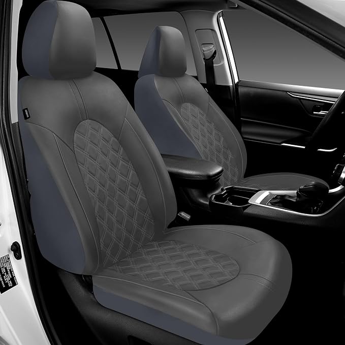 CAROMOP Luxury PU Leather Car Seat Covers Front Set - Anti-Stain Waterproof Automotive Seat Covers for Cars - Universal Car Interior Covers Seat Protectors for Sedans SUVs Pick-up Trucks (Gray)