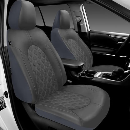 CAROMOP Luxury PU Leather Car Seat Covers Full Set-Waterproof Seat Protectors with Split Bench Seat Covers for Cars-Universal Cars Interior Covers for Sedans, SUVs, Pick-up Trucks(Gray/Gray Line)