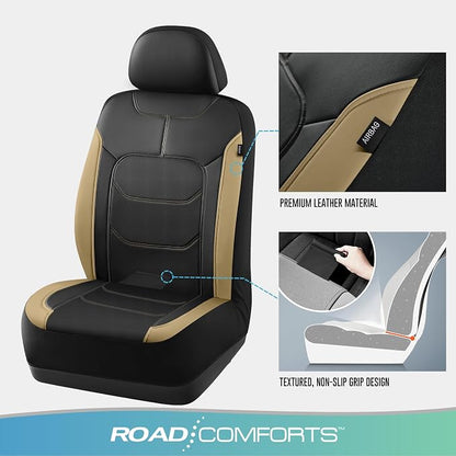 Road Comforts Seat Covers, Premium Leather Car Seat Covers Front Seats,Airbag Compatible, Automotive Seat Covers Universal Fit Most Cars,Vans,Truck,SUV Beige