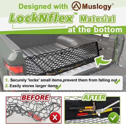 Muslogy Truck Bed Cargo Net Trunk Netting Compatible with Nissan Frontier 2022-2025 2026 (Extra Support Frame) Accessories, Pickup Cargo Organizer SUV Sedan Storage Net w/Heavy Duty Carabiners