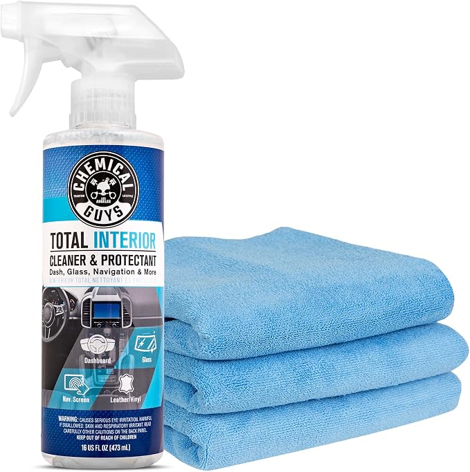 Chemical Guys Total Interior Cleaner and Protectant, 16 Fl Oz + 3 Pack of Microfiber Towels (Safe for Cars, Trucks, SUVs, Jeeps, Motorcycles, RVs & More)