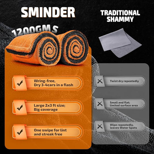 SMINDER 2-Pack 1200 GSM Car Drying Towels – Microfiber Towels for Cars (36" x 24"), Ultra-Absorbent, Streak-Free, Scratch-Free, No Water Spots, Double-Twist Pile & Edgeless Design(Orange)