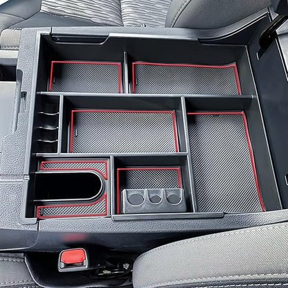 Center Console Organizer Compatible with 2014-2017 2018 2019 2020 2021 Tundra Accessories, Crewmax Interior Armrest Underseat Storage Box- Full-coverage Insert Tray, Red Trim
