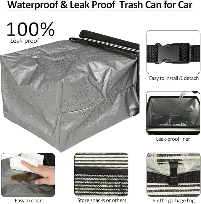 ELONGRIVER Car Trash Can for Car with Lid, Car Organizer Can Trash Bag Hanging Leak Proof Vehicle Trash Can (Stripe Print, 2 Gallons)