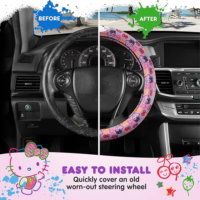 Hello Kitty Steering Wheel Cover, Official Sanrio Car Steering Wheel Cover with Universal Size 14.5-15.5, Cute Steering Wheel Cover for Women, Hello Kitty Car Accessories (Lavender Print)