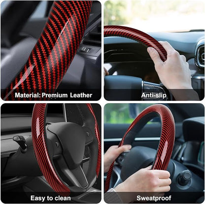 Frani Leather Steering Wheel Cover,Universal Fit 15 Inch-Premium Non-Slip Breathable Comfort Grip for Cars Trucks SUVs,Anti-Slip Durable Interior Upgrade Carbon Fiber Pattern (Red)