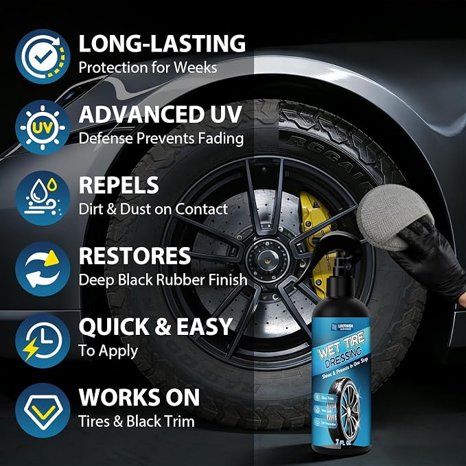 Tire Shine Spray – High Gloss Wet Look with UV Protection, Deep Black Finish for Tires & Trim, Long Lasting Car Tire Dressing for Cars Trucks SUVs Motorcycles RVs, 7oz