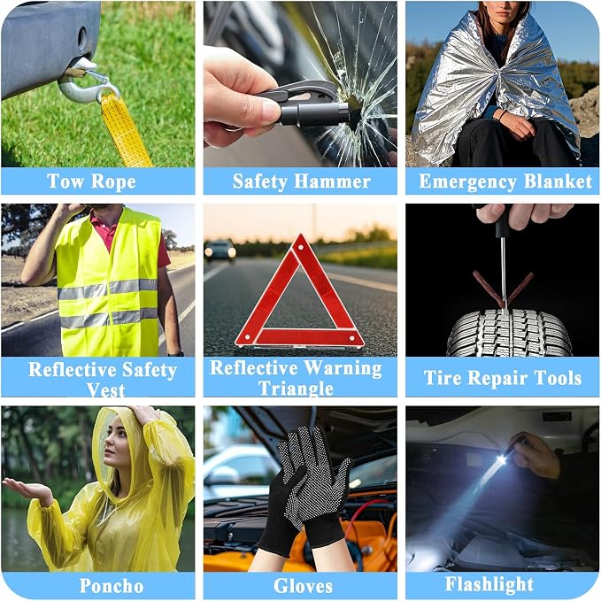Car Emergency Roadside Kit with Scissor Jack, Air Compressor, Jumper Cables, Car Safety Kit, Air Wedge Bag Pump