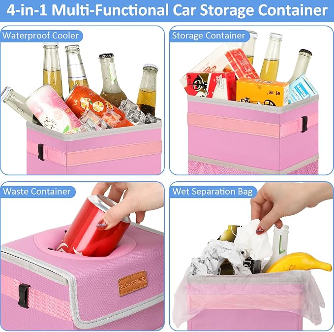 ELONGRIVER Car Trash Can for SUVs, Trucks, Vans - Pink, 2 Gallons Capacity, Leak-Proof Liner, Utility Clasps, Cute Design