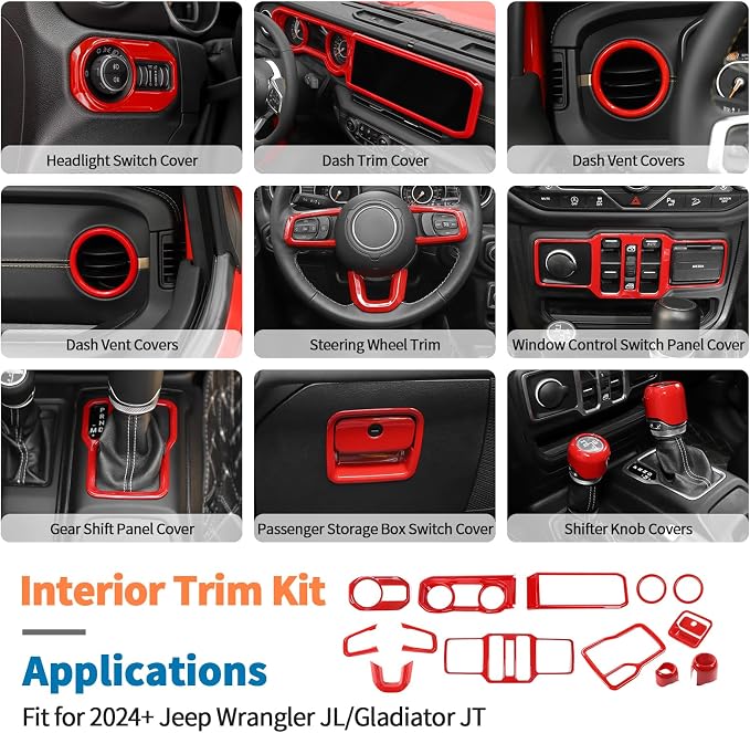 JeCar 14-Piece Red Interior Accessories Trim Kit for 2024-2025+ Jeep Wrangler JL 4XE Gladiator JT- Center Console Dash Panel Interior Upgrade