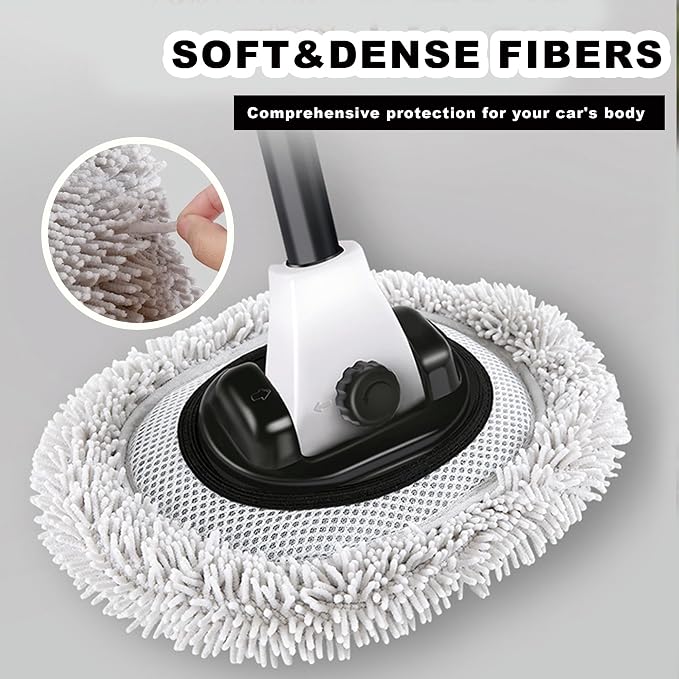 Car Wash Mop with Long Handle 15° Curved Extension Microfiber Scratch-Free Car Wash Brush with 1300GSM Thickened Drying Towel & Soft Bristle Tire Brush Complete Car Wash Kit (White & Grey)