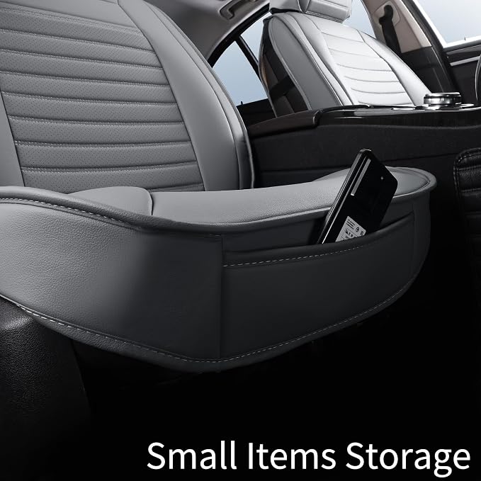 HChengkikz Leather Car Seat Covers, Waterproof Horizontal Stripes Front and Rear Car Seat Cover, Breathable Automotive Seat Covers for Sedan SUV Pick-up Truck (5 PCS Full Set, Grey)
