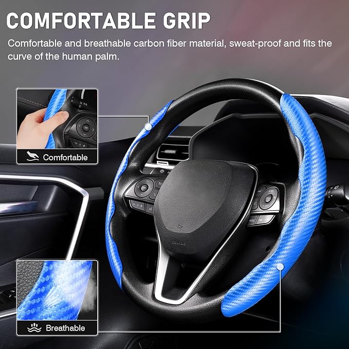 Cartist Steering Wheel Cover, Carbon Fiber Steering Wheel Cover, Car Steering Wheel Cover for Men/Women, Anti-Slip, Comfortable Grip, Durable, Universal for 99% Car Interior Accessories (Blue)
