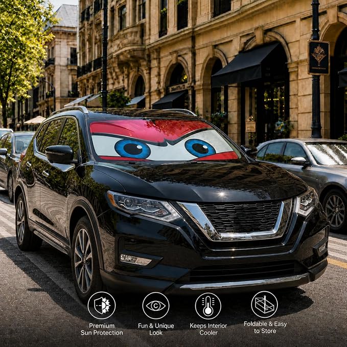 Car Windshield Sun Shade, Red Angry Eyes Car Sun Shade, Windshield Cover Universal Fits Mid-Large Sedan SUV Crossover Family Vehicle, UV Heat Protection - 63 x 31.5