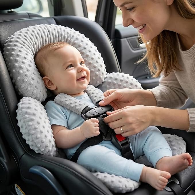 Pro Goleem Infant Car Seat Head Neck Body Support, Ultra-Soft Minky and Microfiber Newborn Car Seat Strap Pads, Perfect for CarSeat, Stroller, 2-in-1 Reversible, for Boys and Girls, Gray