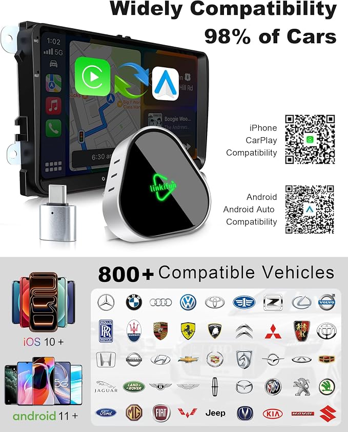 Mini Wireless Carplay Adapter, Compatible with Apple iPhone iOS 10+ Android 11+, Plug & Play, Compact Design for iPhone & Android with USB-A/Type-C Port