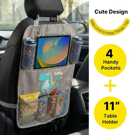 Backseat Car Organizer for Kids, Car Seat Organizer with 11” Touch Screen Tablet Holder, Rear Seat Storage Bag with Drink Pockets, Anti-Kick Seat Back Protector for Travel (Gray Dinosaur)