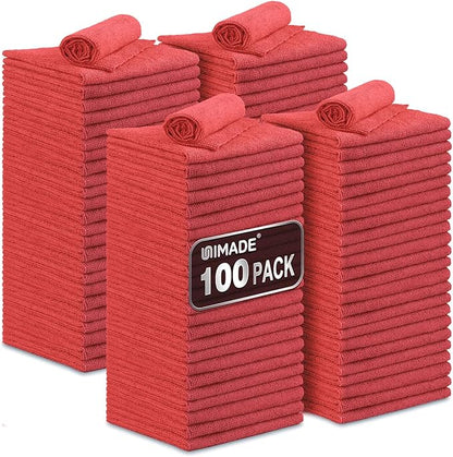 UNIMADE Shop Towels, 100 Pack Commercial Grade Work Rags Microfiber Towels for Cars Cleaning Rag Bulk Detailing Cloth for Automotive Bar Mechanic Restaurant Garage Housekeeping, 11.5"x 11.5", Red