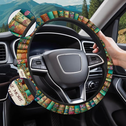 GENANY Reading Books Steering Wheel Cover, Non Slip Polyester Car Wheel Protector for Car SUV Truck, Universal 15 Inch