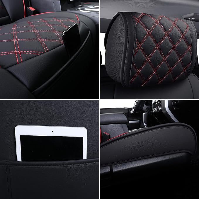 YIERTAI Truck Seat Covers for Toyota Tundra 2008-2023 2024 2025 2026 Crewmax Double Cab Limited Platinum 1794 Edition Tundrasine Concept Waterproof Leather(2 PCS Front only/Black-Red)