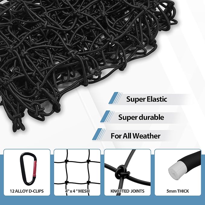 Cargo Net for Pickup Truck Bed 4' x 6' Stretches to 8' x 12' with 12 Metal Carabiners - Truck Bed Accessories for Dodge RAM, Ford, Chevy, Toyota