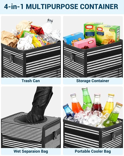 Capolo Car Trash Can with Lid, Leakproof Car Trash Bag Hanging Waterproof Automotive Garbage Can with Storage Pockets Mini Vehicle Trash Bin for Back/Front Seat(Stripe,2.5 Gallon)