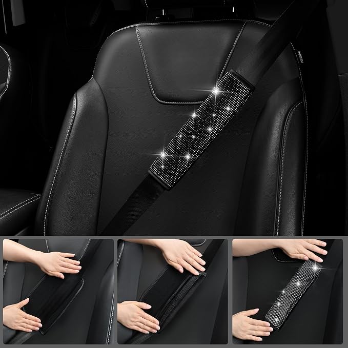 CAR PASS Leather Bling Seat Covers Full Sets 16 pcs, Bling Diamond Car Accessories Set for Women, Sparkly Rhinestone Steering Wheel Cover, Glitter Cute Car Interior Sets for Women Girl, Black Diamond