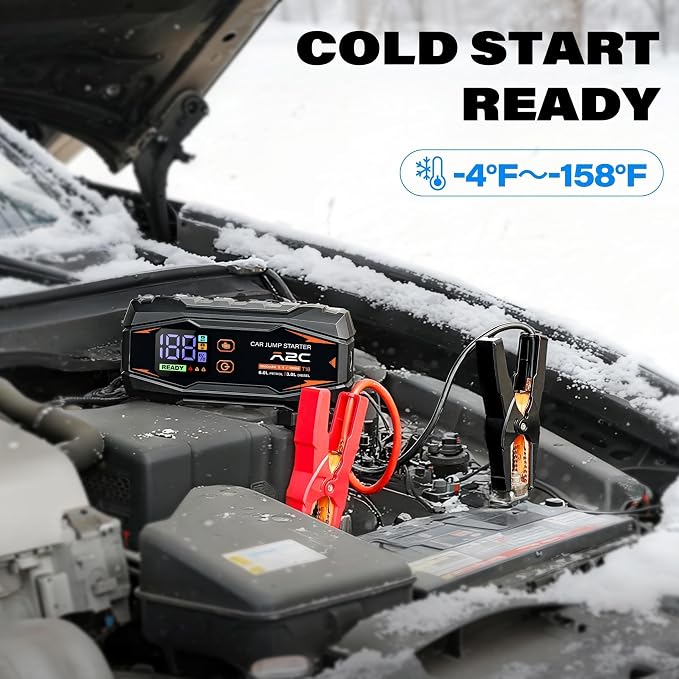 A2C Portable Jump Starter, 12V Auto Battery Booster, Power Bank, LED Light | Fits 6.0L Gas/3.0L Diesel. Features QC3.0 fast charging, smart safety clamps (short/reverse protection), & 3 lighting modes.