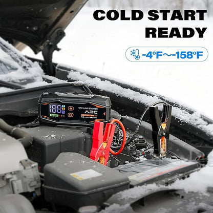 A2C Portable Jump Starter, 12V Auto Battery Booster, Power Bank, LED Light | Fits 6.0L Gas/3.0L Diesel. Features QC3.0 fast charging, smart safety clamps (short/reverse protection), & 3 lighting modes.