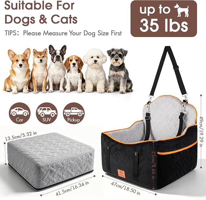 GINMIC Dog Car Seats for Small Medium Dogs up to 35 lbs – Dog Booster Car Seat with 5.3-Inch Memory Foam, Dual Safety Leashes, Detachable Washable Cover & Storage Pockets, Soft Travel Dogs Bed (Black)