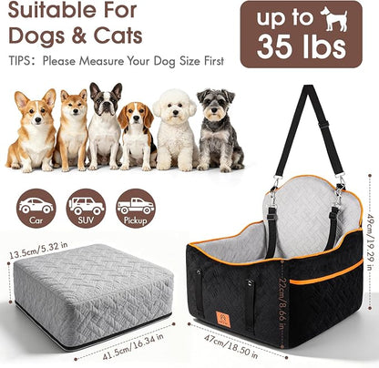 GINMIC Dog Car Seats for Small Medium Dogs up to 35 lbs – Dog Booster Car Seat with 5.3-Inch Memory Foam, Dual Safety Leashes, Detachable Washable Cover & Storage Pockets, Soft Travel Dogs Bed (Black)